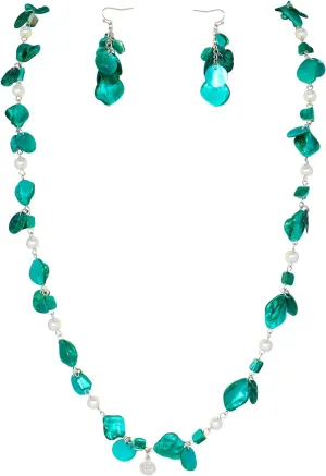 Firstmeet Long Multicolor Shell Beaded Necklace with Earrings Seashell Pendant Cultured Freshwater Pearl Handmade Boho Necklace for Women