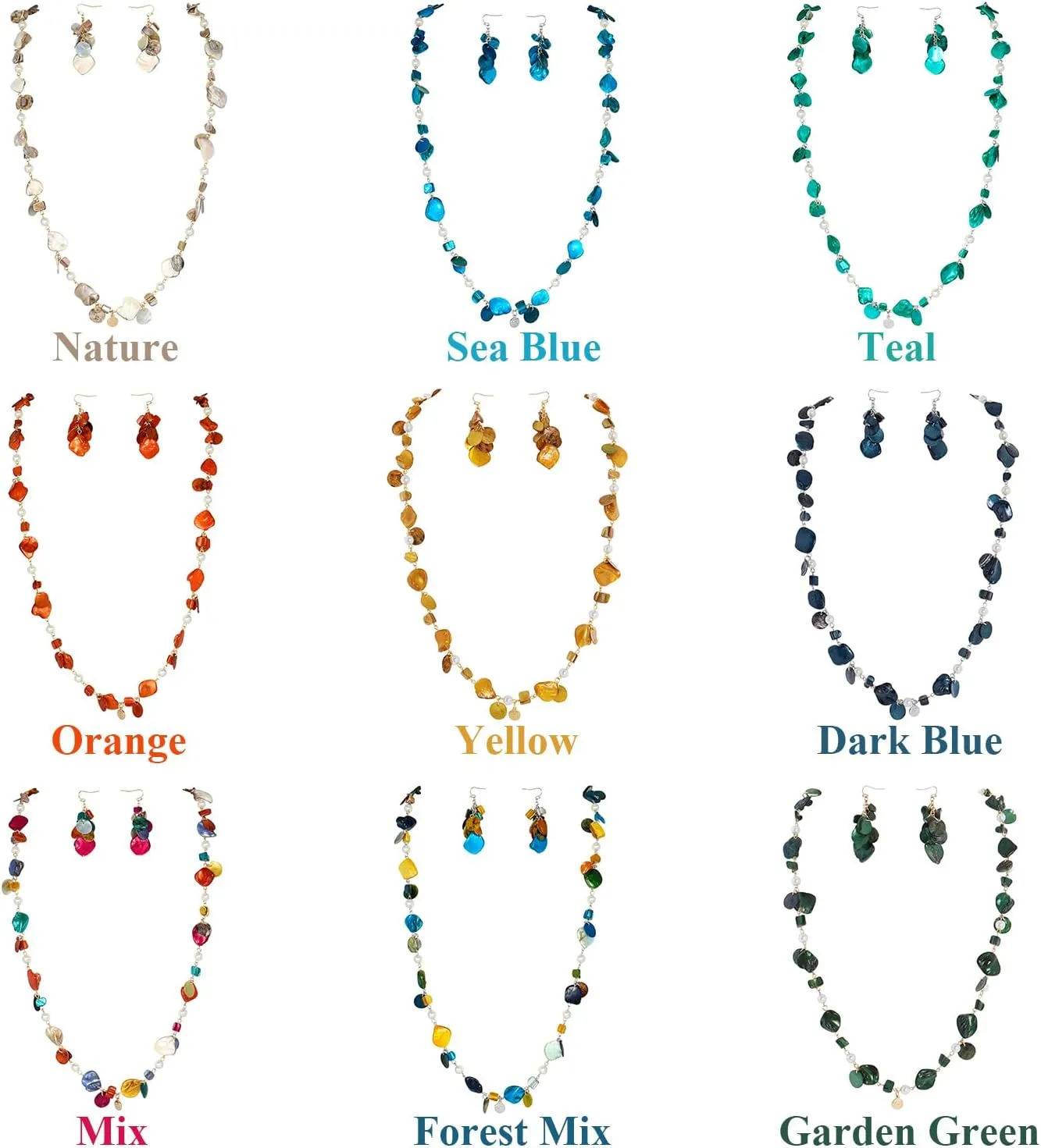 Firstmeet Long Multicolor Shell Beaded Necklace with Earrings Seashell Pendant Cultured Freshwater Pearl Handmade Boho Necklace for Women