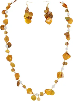 Firstmeet Long Multicolor Shell Beaded Necklace with Earrings Seashell Pendant Cultured Freshwater Pearl Handmade Boho Necklace for Women