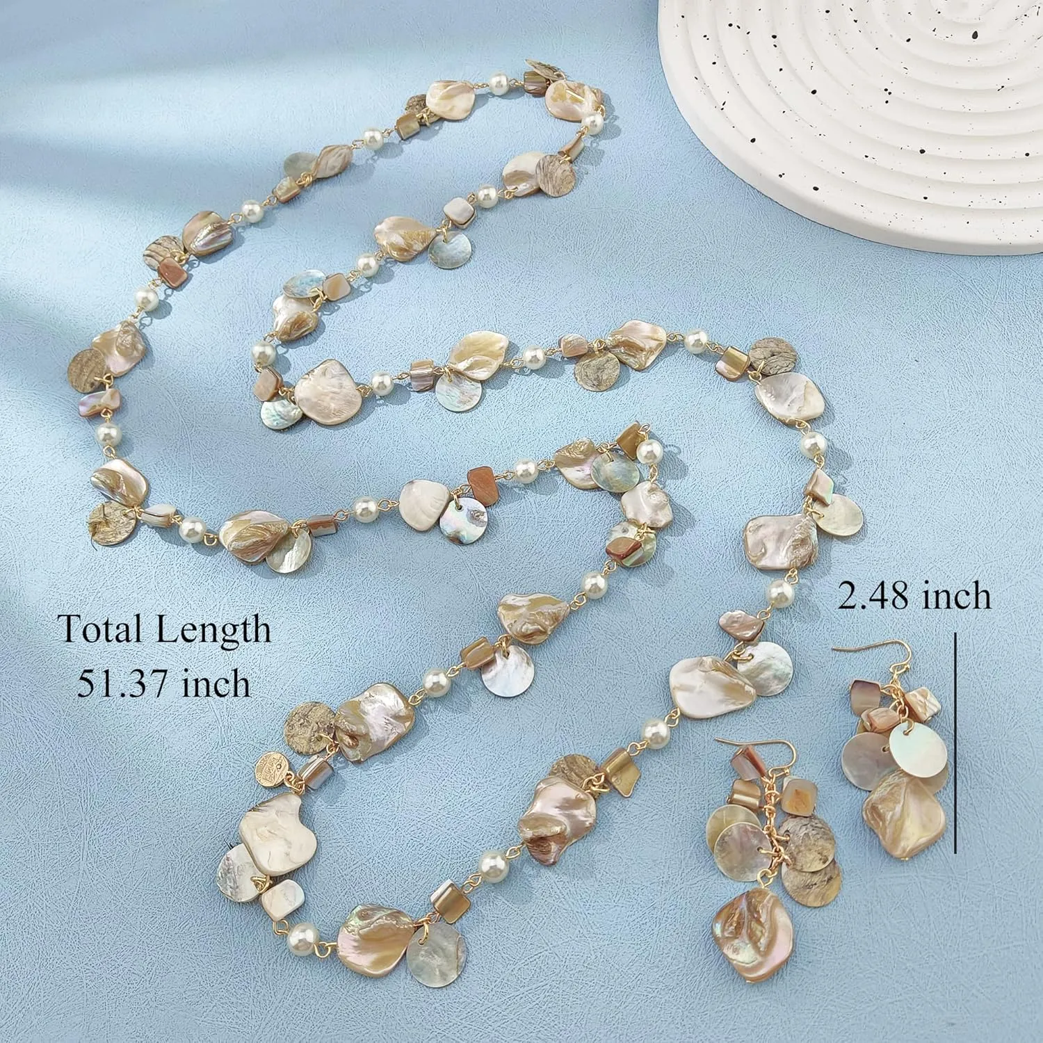 Firstmeet Long Multicolor Shell Beaded Necklace with Earrings Seashell Pendant Cultured Freshwater Pearl Handmade Boho Necklace for Women