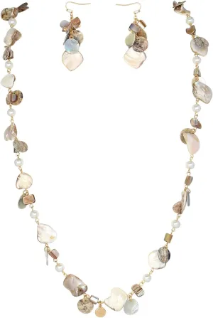 Firstmeet Long Multicolor Shell Beaded Necklace with Earrings Seashell Pendant Cultured Freshwater Pearl Handmade Boho Necklace for Women