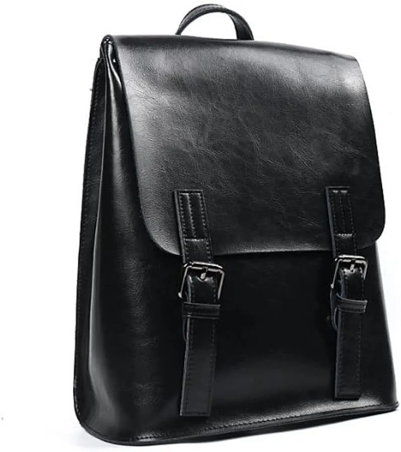 for women Casual One-shoulder Portable Backpacks Waterproof solid colour PU leather Flap soft pocket (Black)