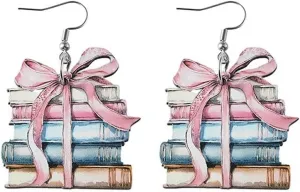 Funny Wooden Stackable Book Drop Dangle Earrings Stack of Books for Women Reading Earrings Classic Librarian Teacher Student Graduation Back to School Jewelry