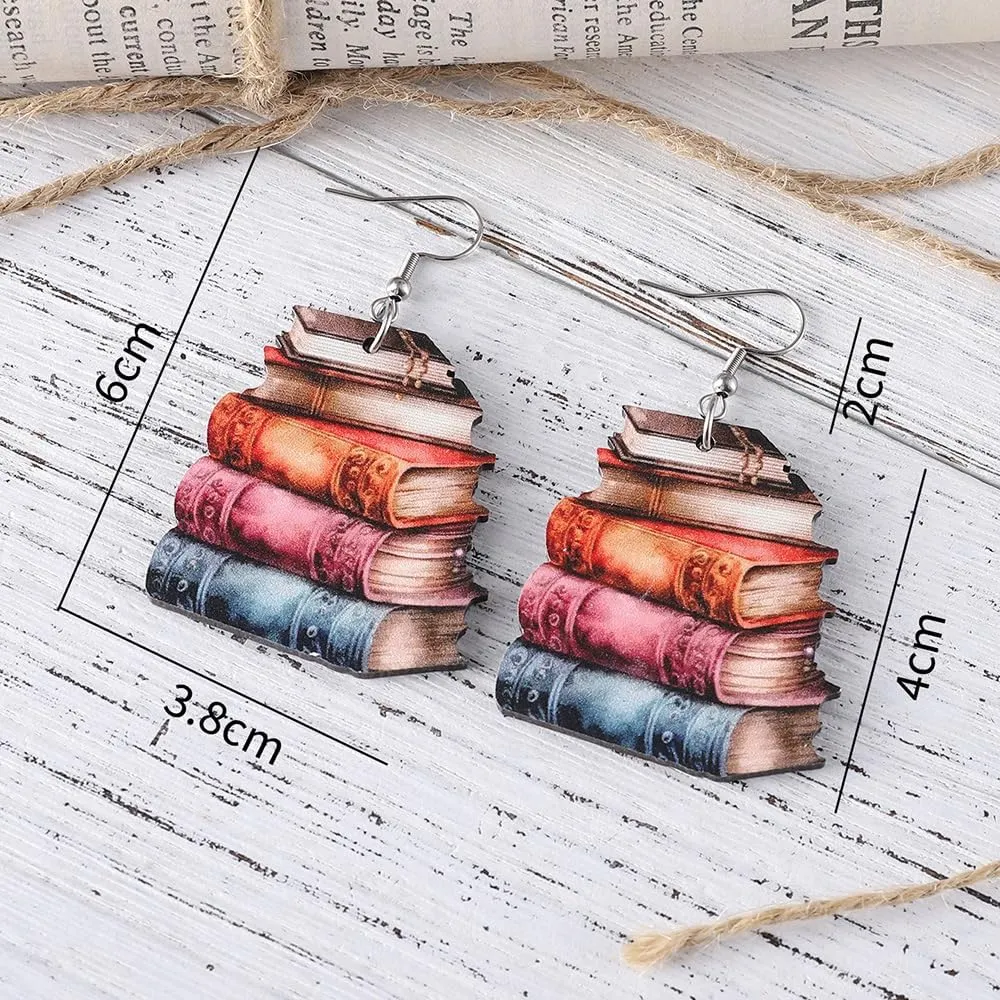Funny Wooden Stackable Book Drop Dangle Earrings Stack of Books for Women Reading Earrings Classic Librarian Teacher Student Graduation Back to School Jewelry