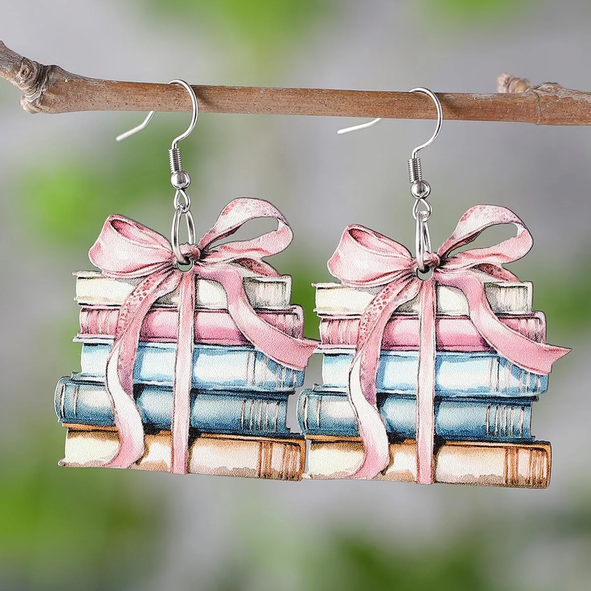 Funny Wooden Stackable Book Drop Dangle Earrings Stack of Books for Women Reading Earrings Classic Librarian Teacher Student Graduation Back to School Jewelry