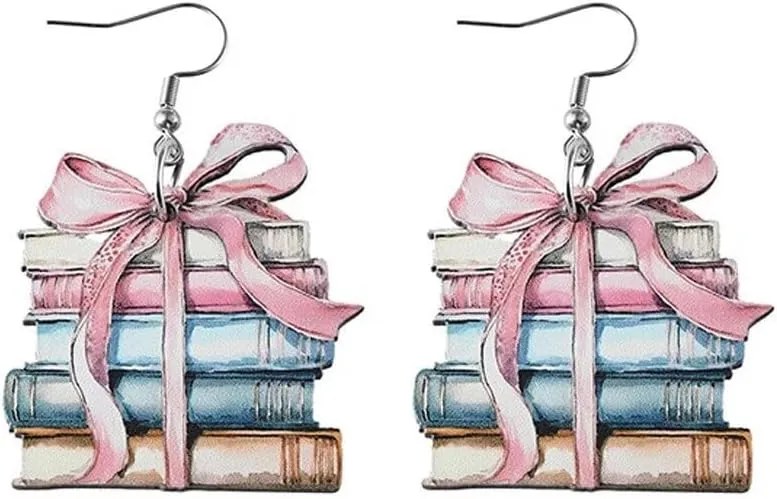 Funny Wooden Stackable Book Drop Dangle Earrings Stack of Books for Women Reading Earrings Classic Librarian Teacher Student Graduation Back to School Jewelry