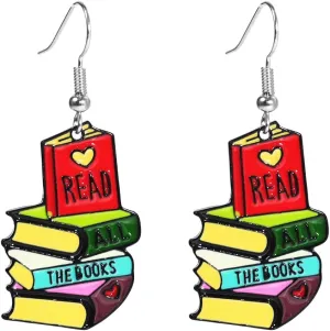 Funny Wooden Stackable Book Pencil Drop Dangle Earrings Stack of Books for Women Classic Librarian Teacher Student Graduation Back to School Jewelry