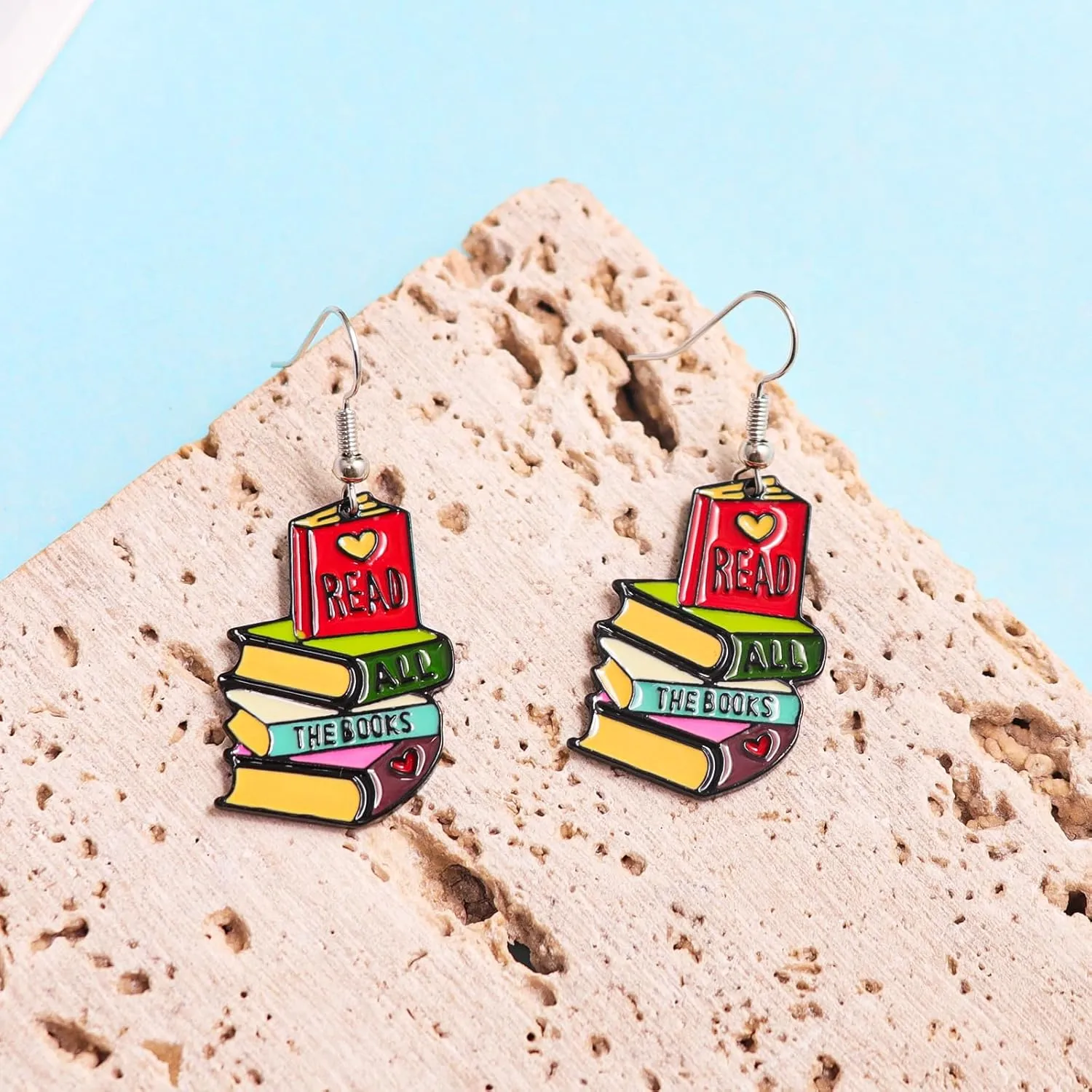 Funny Wooden Stackable Book Pencil Drop Dangle Earrings Stack of Books for Women Classic Librarian Teacher Student Graduation Back to School Jewelry
