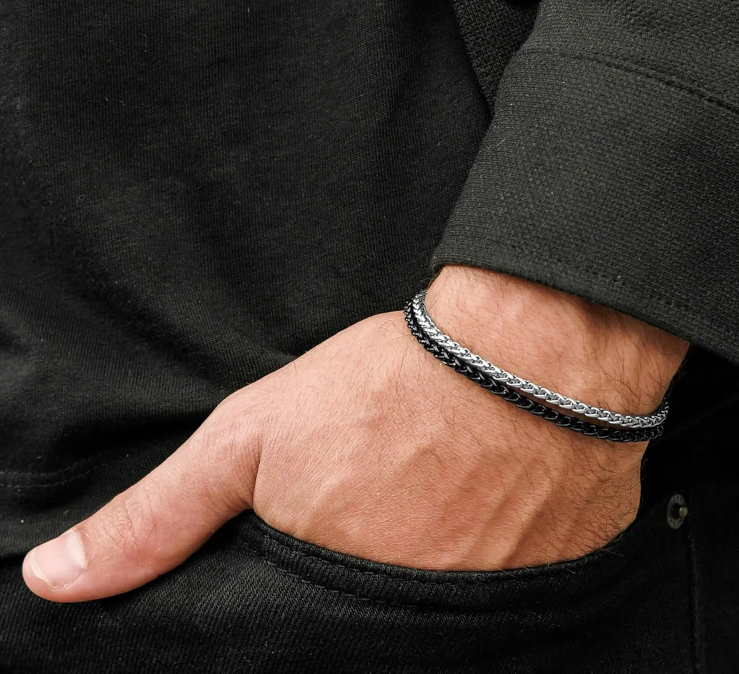 Galis Mens Bracelet - Stainless Steel for Men, Non Tarnish Rope Chain Bracelets, Stylish Birthday Gift for Boys, Dad, Son, Boyfriend - Silver & Black 7"