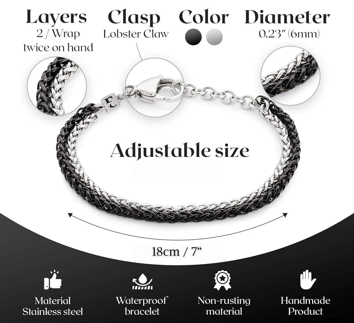 Galis Mens Bracelet - Stainless Steel for Men, Non Tarnish Rope Chain Bracelets, Stylish Birthday Gift for Boys, Dad, Son, Boyfriend - Silver & Black 7"