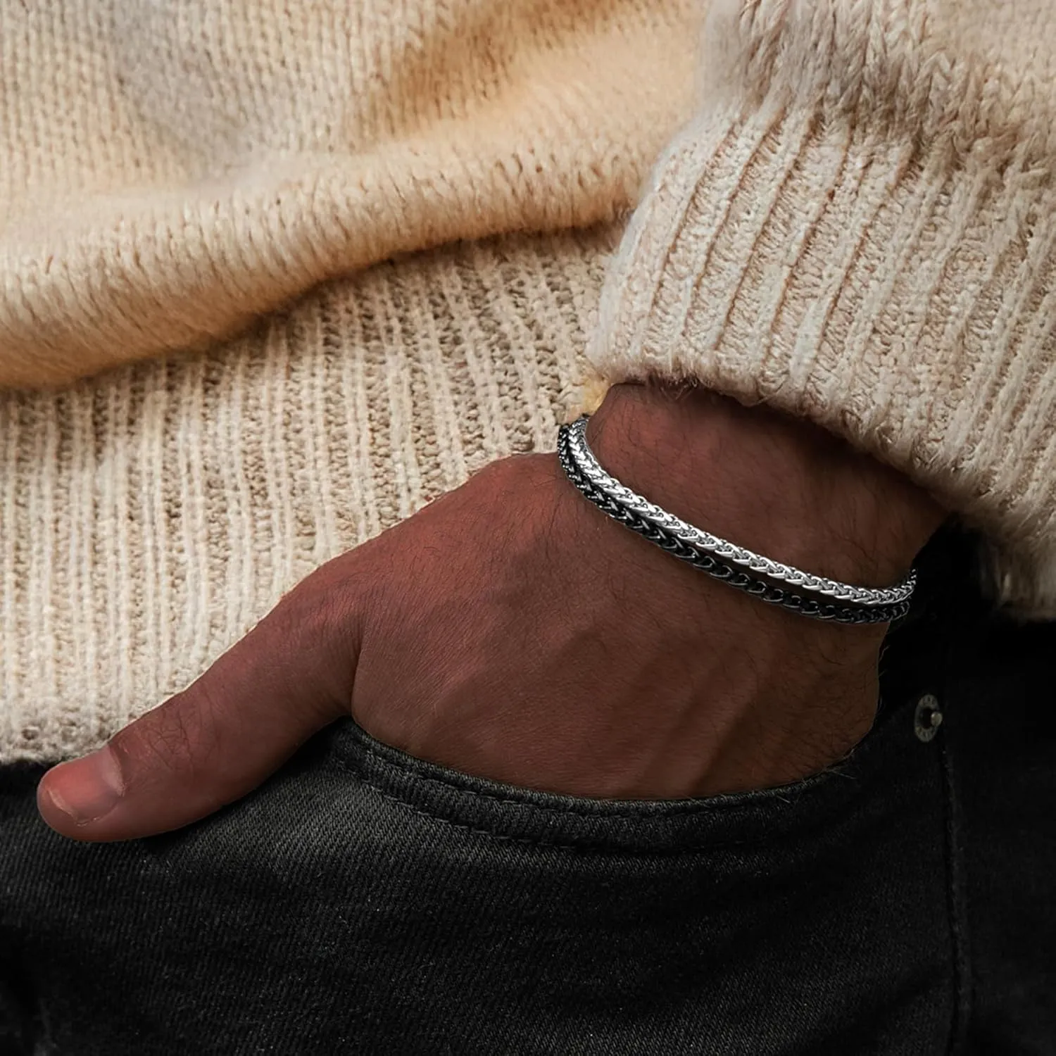Galis Mens Bracelet - Stainless Steel for Men, Non Tarnish Rope Chain Bracelets, Stylish Birthday Gift for Boys, Dad, Son, Boyfriend - Silver & Black 7"