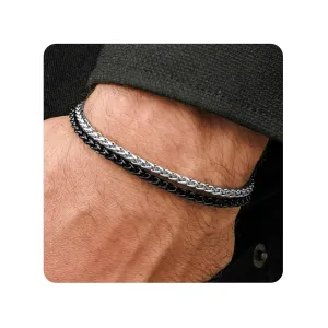 Galis Mens Bracelet - Stainless Steel for Men, Non Tarnish Rope Chain Bracelets, Stylish Birthday Gift for Boys, Dad, Son, Boyfriend - Silver & Black 7"