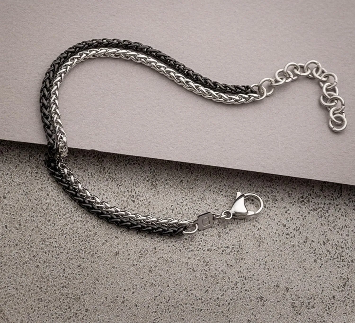 Galis Mens Bracelet - Stainless Steel for Men, Non Tarnish Rope Chain Bracelets, Stylish Birthday Gift for Boys, Dad, Son, Boyfriend - Silver & Black 7"
