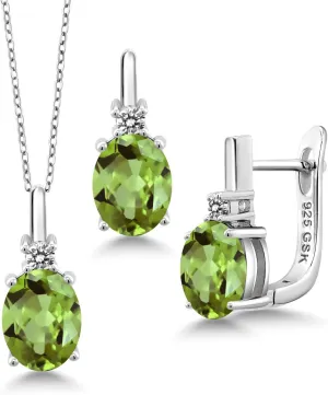Gem Stone King 925 Sterling Silver Green Peridot and White Diamond Pendant and Earrings Jewelry Set For Women (4.12 Ct Oval 9X7MM, Gemstone Birthstone, with 18 Inch Silver Chain)