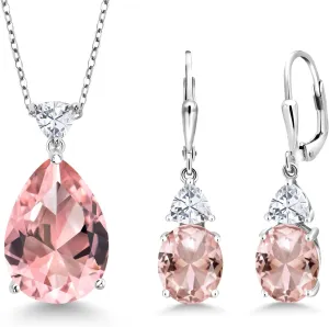 Gem Stone King 925 Sterling Silver Peach Nano Morganite and White Moissanite Pendant Earrings Jewelry Set For Women (16.40 Cttw, Pear Shape 18X13MM, with 18 Inch Chain)