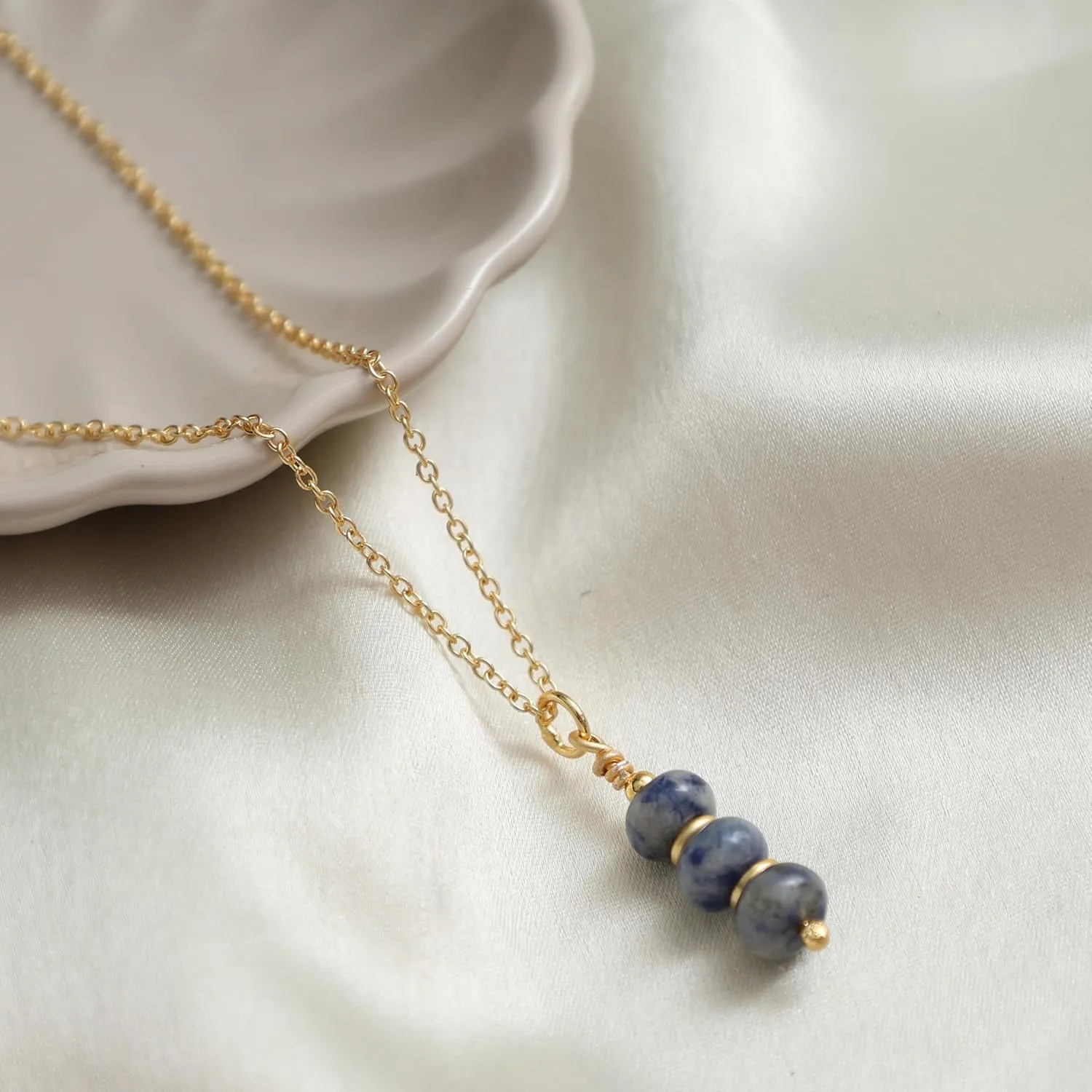 Gempires Denim Sodalite Crystal Necklace Beads Pendant Necklace Minimal and Trending Daily Wear Gift for Women s Hypoallergenic 14k Gold Plated 16 2 inch Adjustable Chain