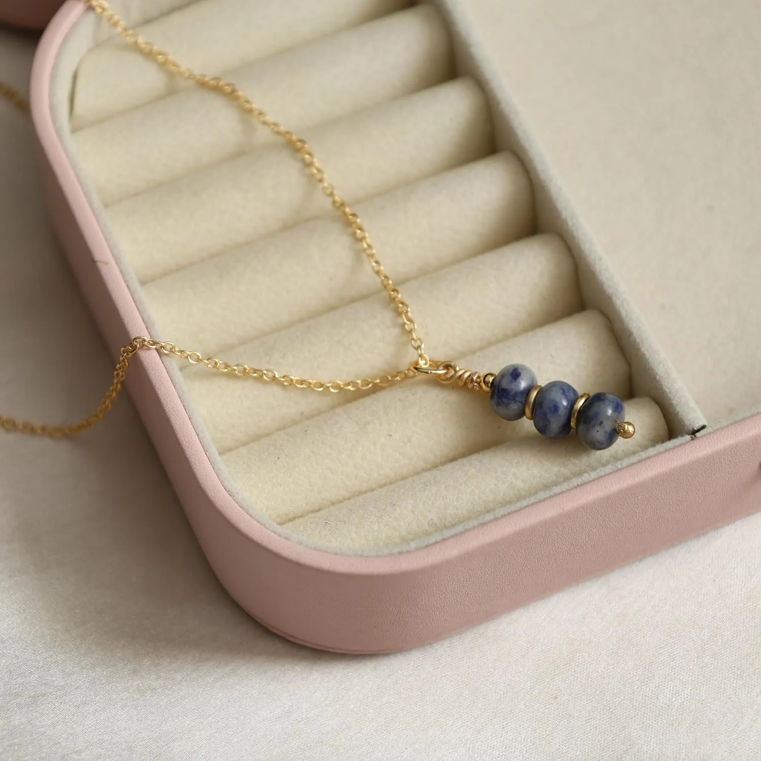 Gempires Denim Sodalite Crystal Necklace Beads Pendant Necklace Minimal and Trending Daily Wear Gift for Women s Hypoallergenic 14k Gold Plated 16 2 inch Adjustable Chain