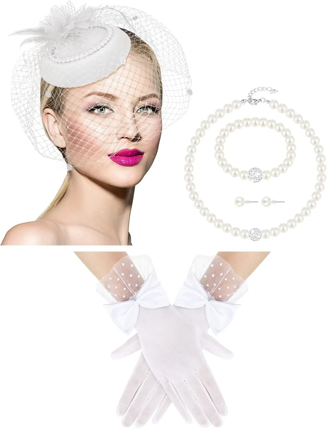 Geyoga 5 Pcs Tea Party Hat and Glove Set Fascinators Hat for Women Veil Headband Pearl Jewelry for 1920s Party