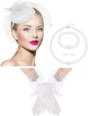 Geyoga 5 Pcs Tea Party Hat and Glove Set Fascinators Hat for Women Veil Headband Pearl Jewelry for 1920s Party