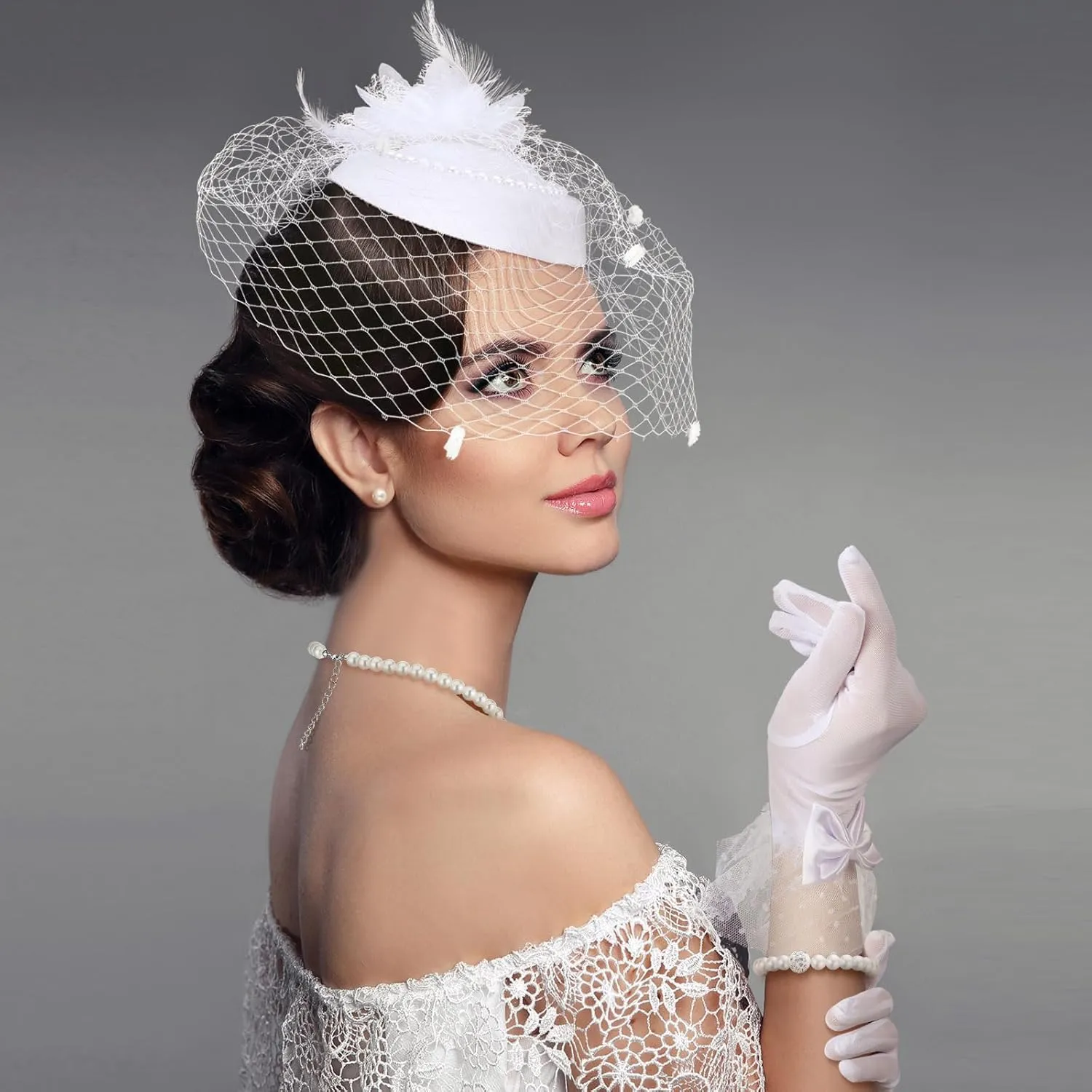 Geyoga 5 Pcs Tea Party Hat and Glove Set Fascinators Hat for Women Veil Headband Pearl Jewelry for 1920s Party