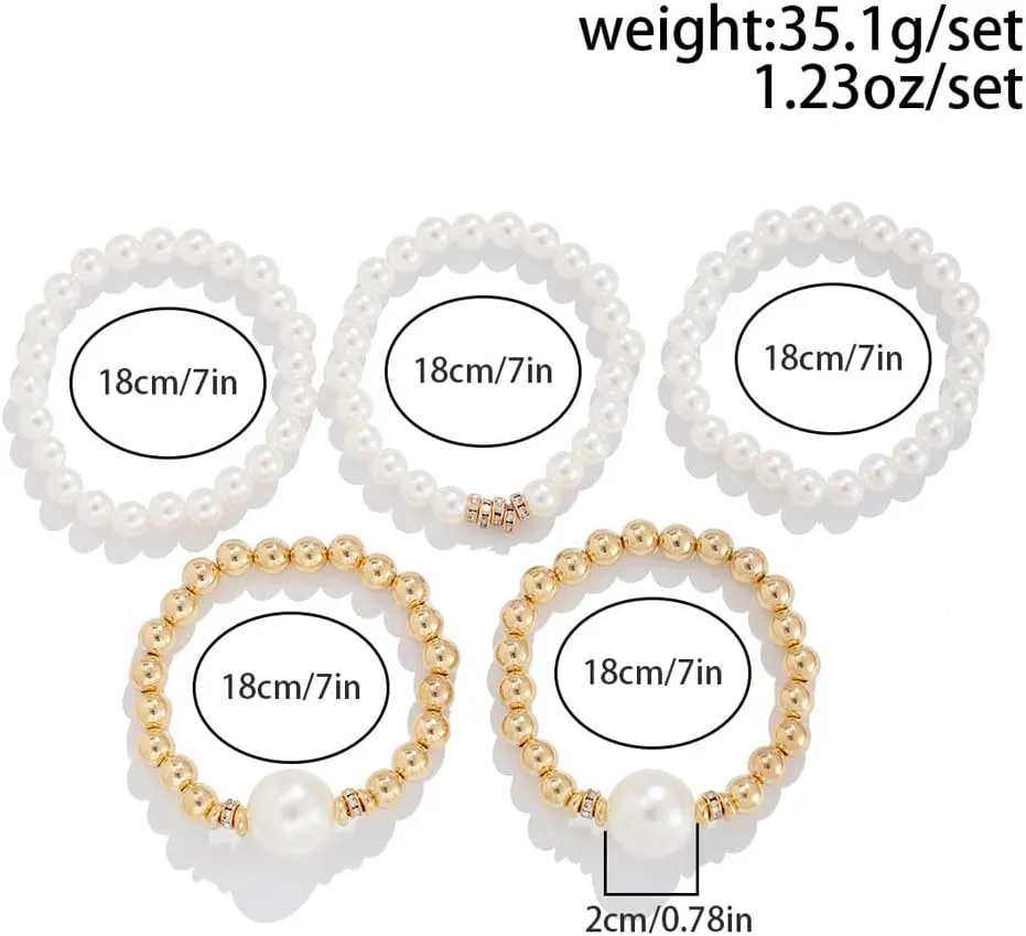 GIGB PBDK 5Pcs Stackable Pearls Beaded Bracelets Set for Women, Chunky Stretch Round Ball Beads Bangles Statement Bracelets Boho Beach Holiday Jewelry