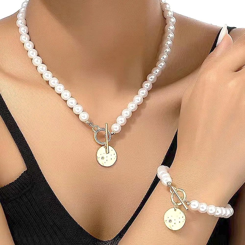 GIGB PBDK Dainty Pearls Necklace Bracelet Set Graceful Chunky Heart OT Toggle Clasp Choker Bracelet Trendy Weeding Jewelry Accessories Gift for Women