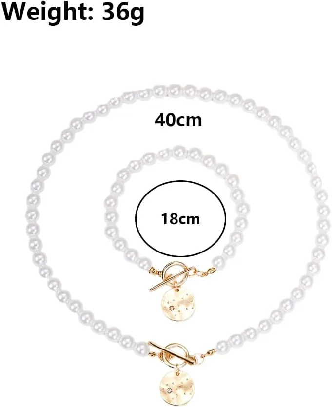 GIGB PBDK Dainty Pearls Necklace Bracelet Set Graceful Chunky Heart OT Toggle Clasp Choker Bracelet Trendy Weeding Jewelry Accessories Gift for Women
