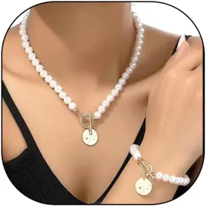 GIGB PBDK Dainty Pearls Necklace Bracelet Set Graceful Chunky Heart OT Toggle Clasp Choker Bracelet Trendy Weeding Jewelry Accessories Gift for Women