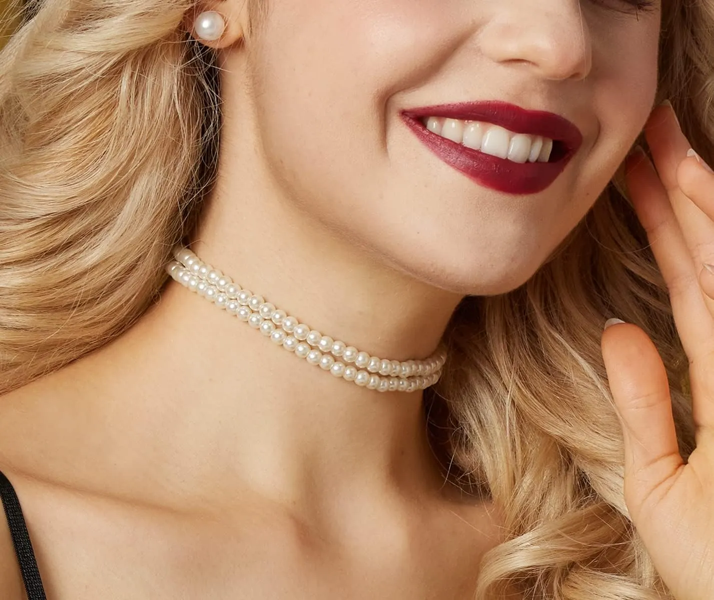Gionforsy White Pearl Choker Necklace Multi Strand Pearl choker Necklace Short Pearl Necklace for wedding Tea Party (2 layers)