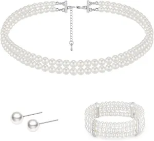 Gionforsy White Pearl Choker Necklace Multi Strand Pearl choker Necklace Short Pearl Necklace for wedding Tea Party (2 layers)