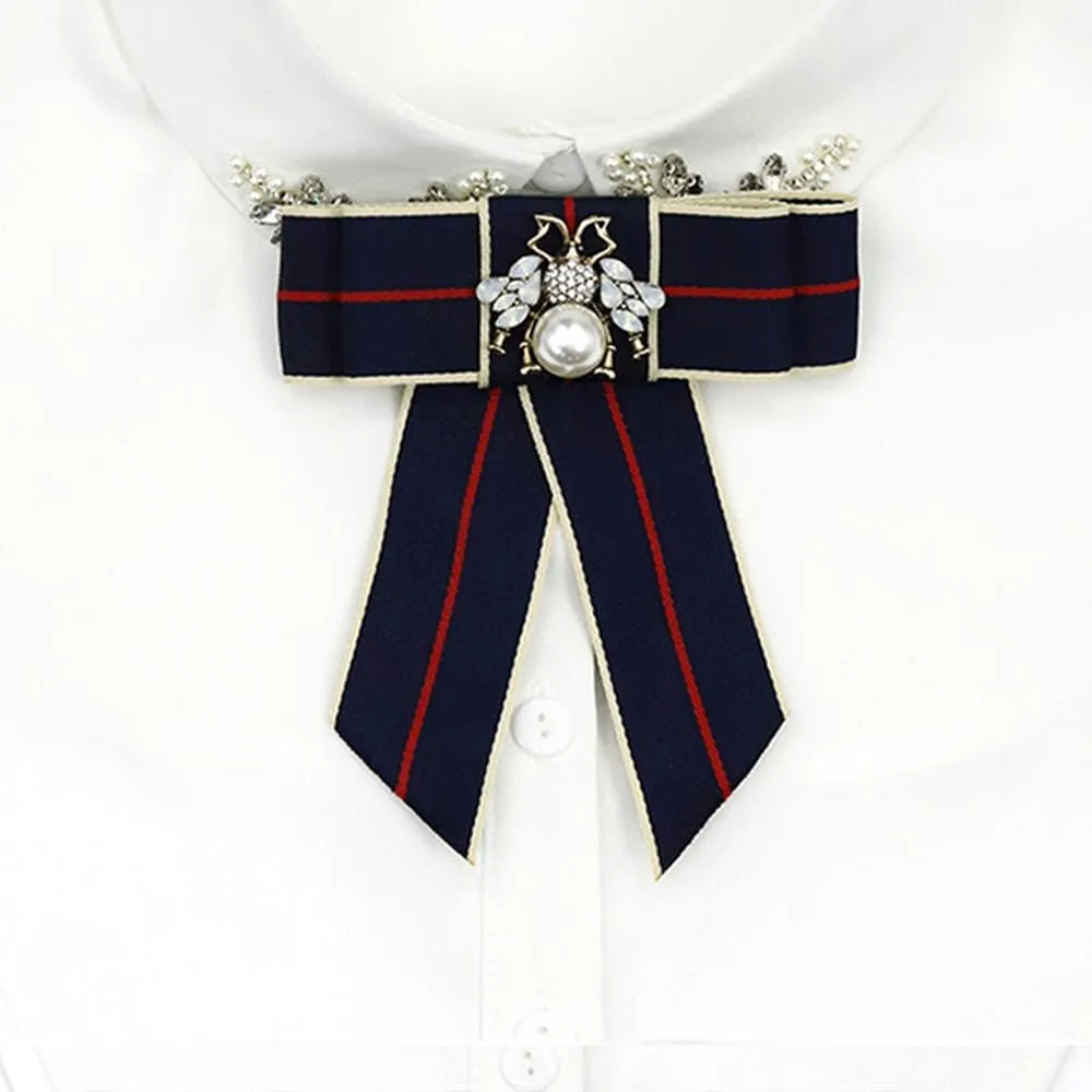 Girls Campus wind striped bee Rhinestone bow tie shirt collar pin brooch versatile clothing accessories Multi-colors