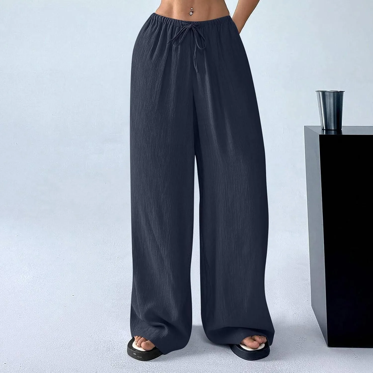 GOFULY Dress Pants Women Straight Wide Leg High Waisted Sumemr Pants Elastic Waist Drawstring Elegant Trousers with Pockets