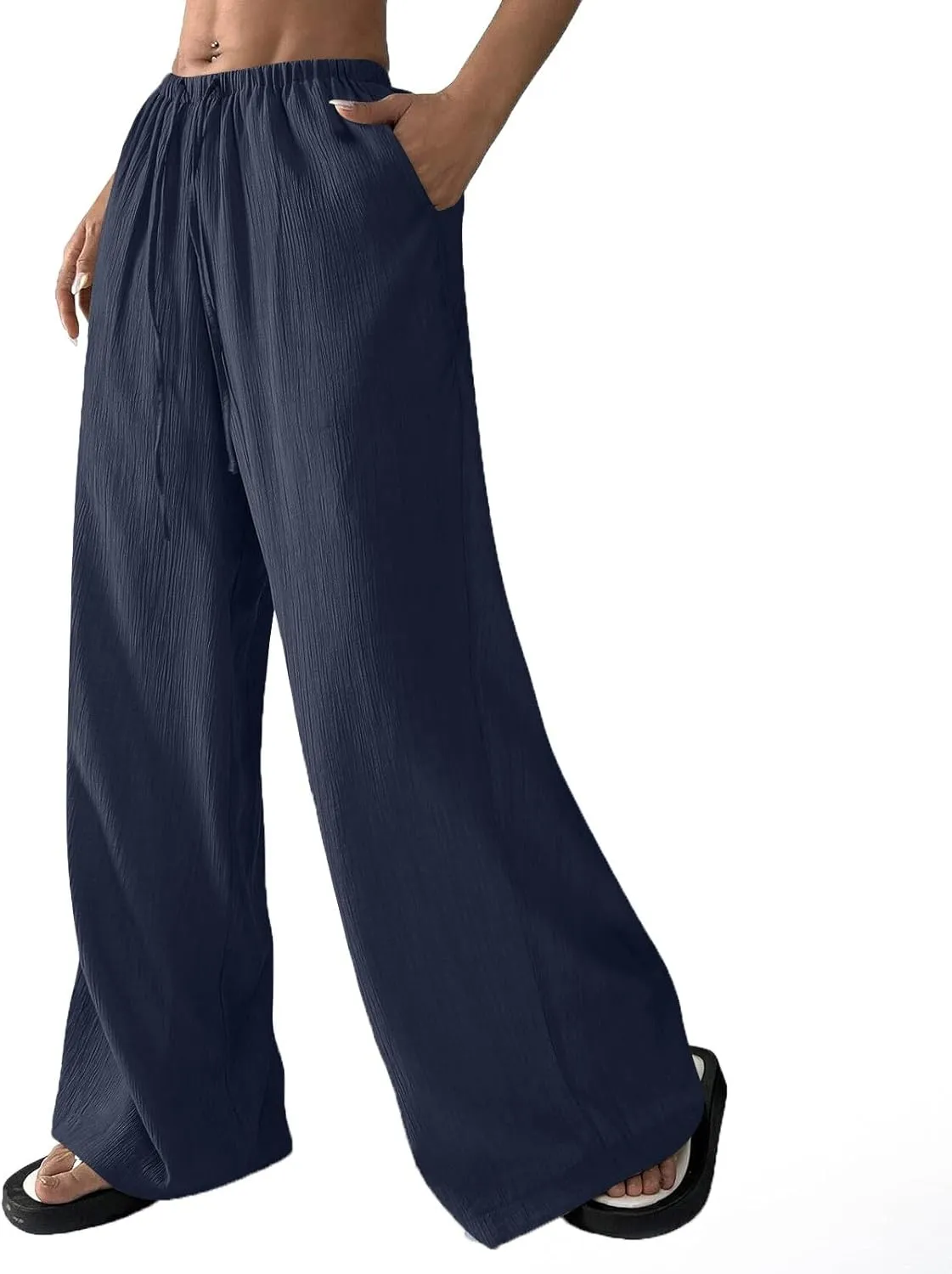 GOFULY Dress Pants Women Straight Wide Leg High Waisted Sumemr Pants Elastic Waist Drawstring Elegant Trousers with Pockets