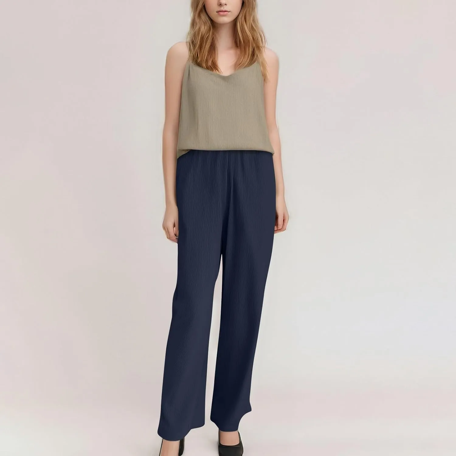GOFULY Dress Pants Women Straight Wide Leg High Waisted Sumemr Pants Elastic Waist Drawstring Elegant Trousers with Pockets