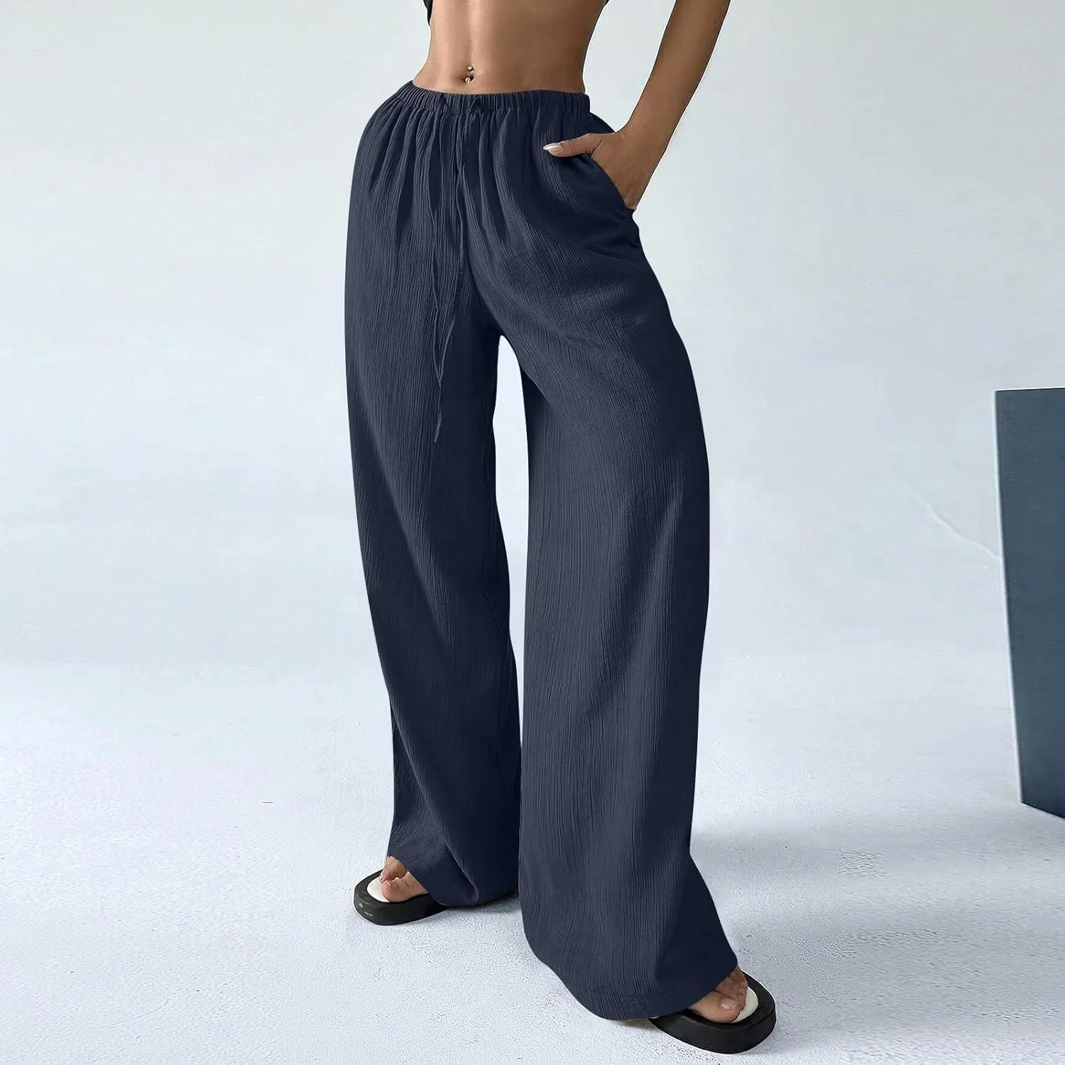 GOFULY Dress Pants Women Straight Wide Leg High Waisted Sumemr Pants Elastic Waist Drawstring Elegant Trousers with Pockets