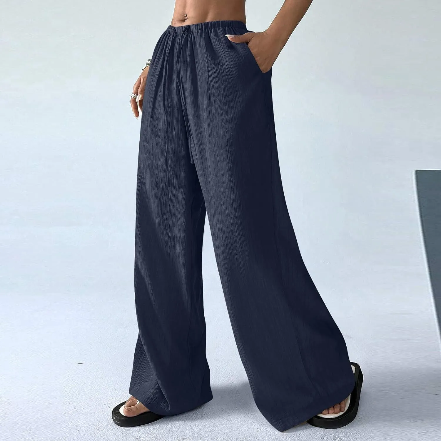 GOFULY Dress Pants Women Straight Wide Leg High Waisted Sumemr Pants Elastic Waist Drawstring Elegant Trousers with Pockets