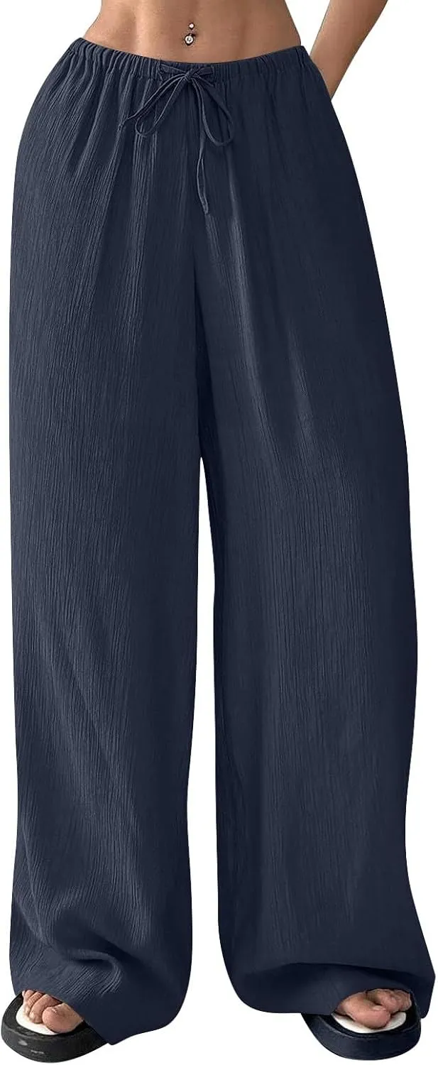 GOFULY Dress Pants Women Straight Wide Leg High Waisted Sumemr Pants Elastic Waist Drawstring Elegant Trousers with Pockets