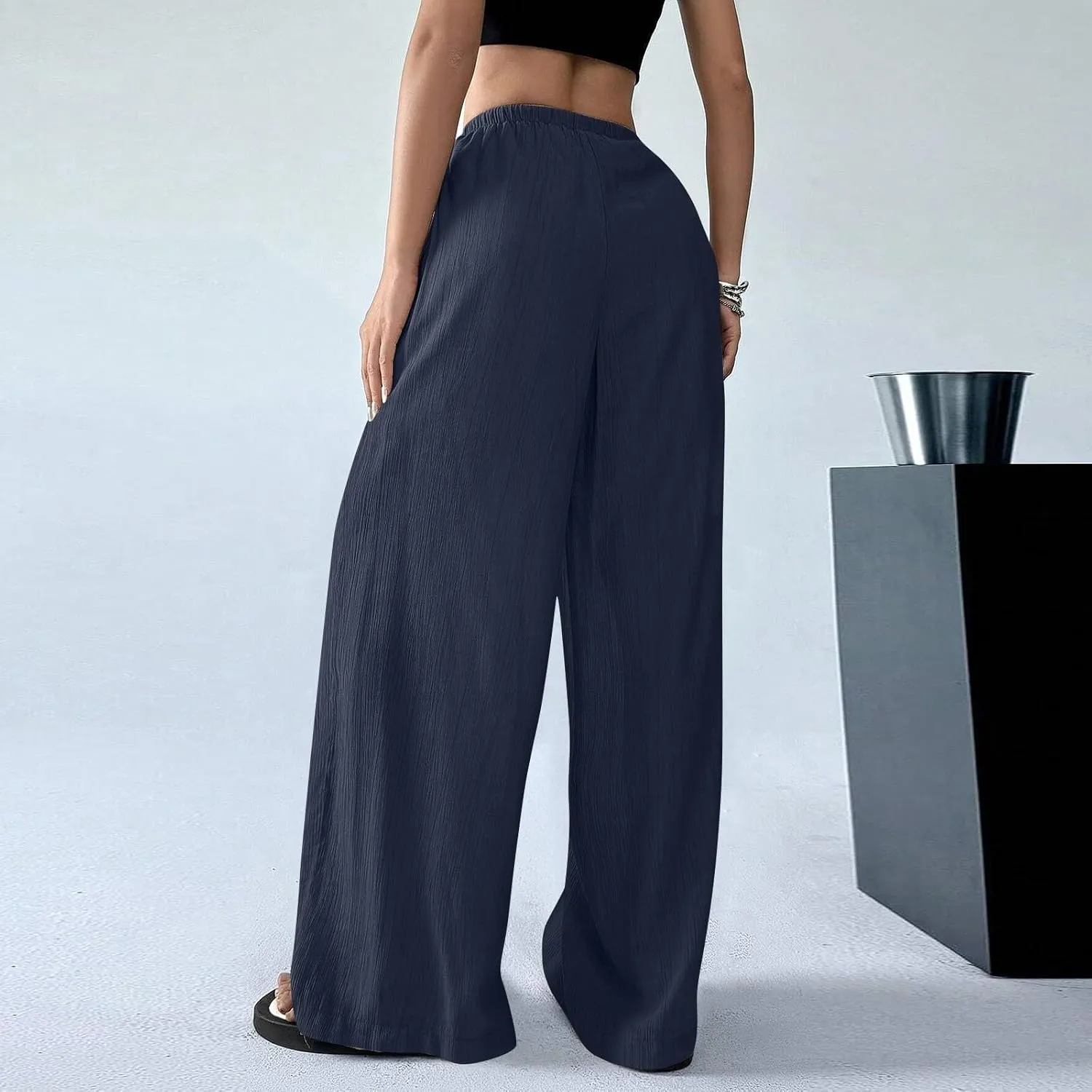 GOFULY Dress Pants Women Straight Wide Leg High Waisted Sumemr Pants Elastic Waist Drawstring Elegant Trousers with Pockets