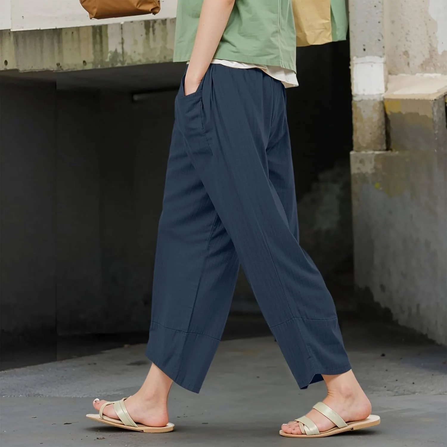 GOFULY Lounge Pants Women Casual Elastic Waist Sumemr Pants Straight Wide Leg High Waisted with Pockets 2025 Slacks Clothes