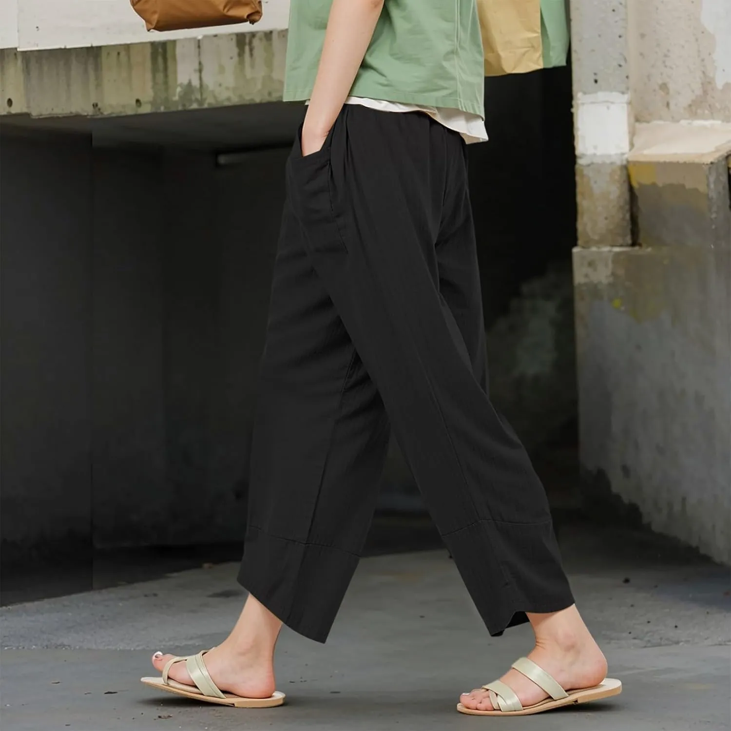 GOFULY Lounge Pants Women Casual Elastic Waist Sumemr Pants Straight Wide Leg High Waisted with Pockets 2025 Slacks Clothes