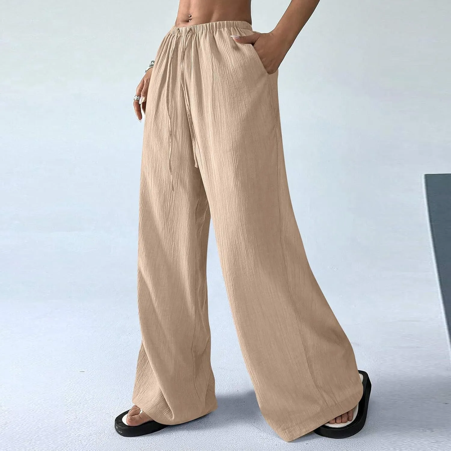 GOFULY Pants for Women 2025 Straight Wide Leg High Waisted Sumemr Pants Elastic Waist Drawstring Beach Trousers with Pockets