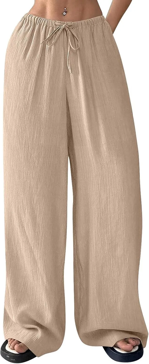 GOFULY Pants for Women 2025 Straight Wide Leg High Waisted Sumemr Pants Elastic Waist Drawstring Beach Trousers with Pockets