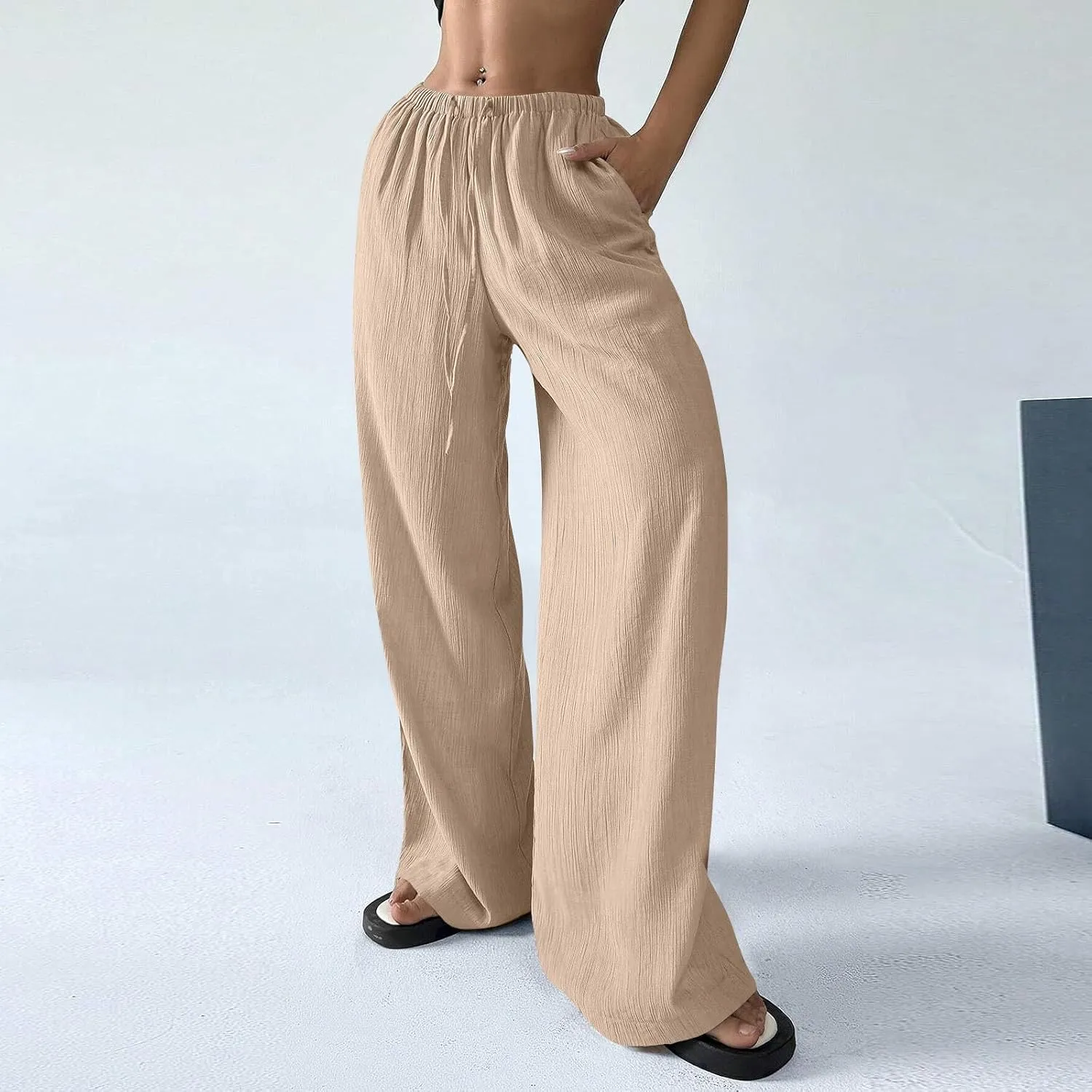 GOFULY Pants for Women 2025 Straight Wide Leg High Waisted Sumemr Pants Elastic Waist Drawstring Beach Trousers with Pockets