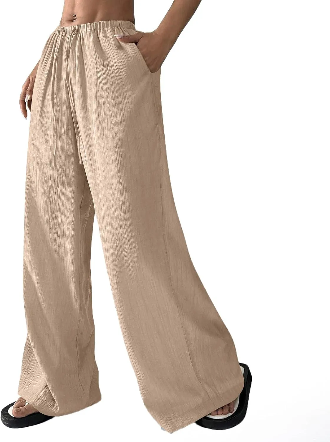 GOFULY Pants for Women 2025 Straight Wide Leg High Waisted Sumemr Pants Elastic Waist Drawstring Beach Trousers with Pockets