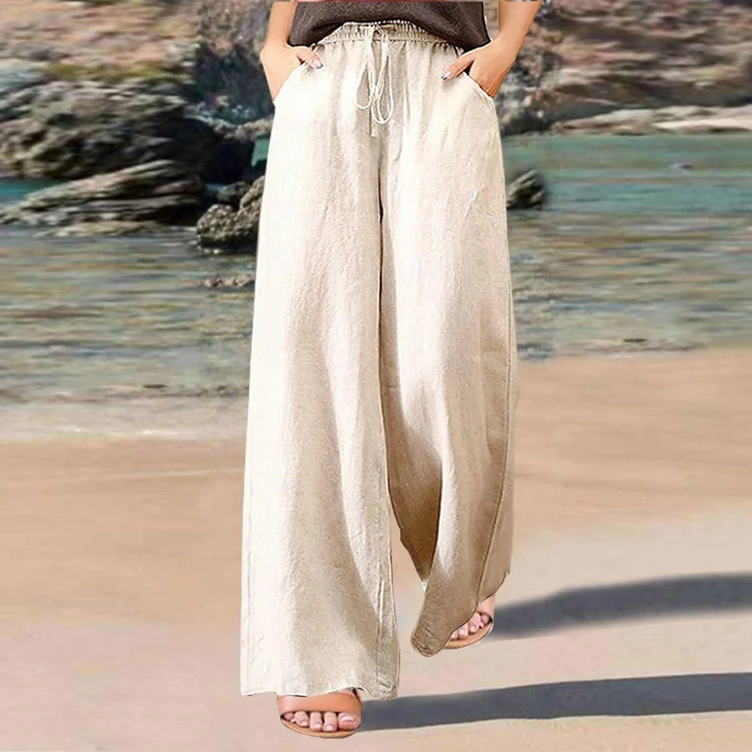 GOFULY Pants for Women 2025 Straight Wide Leg High Waisted Sumemr Pants Elastic Waist Drawstring Beach Trousers with Pockets