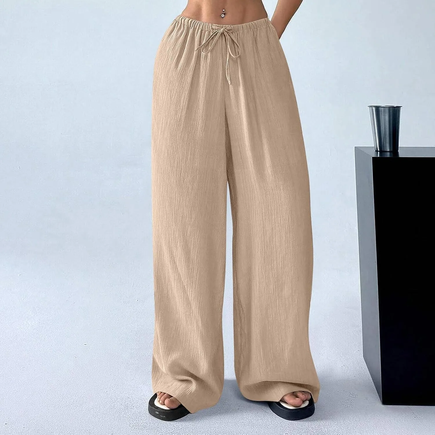 GOFULY Pants for Women 2025 Straight Wide Leg High Waisted Sumemr Pants Elastic Waist Drawstring Beach Trousers with Pockets