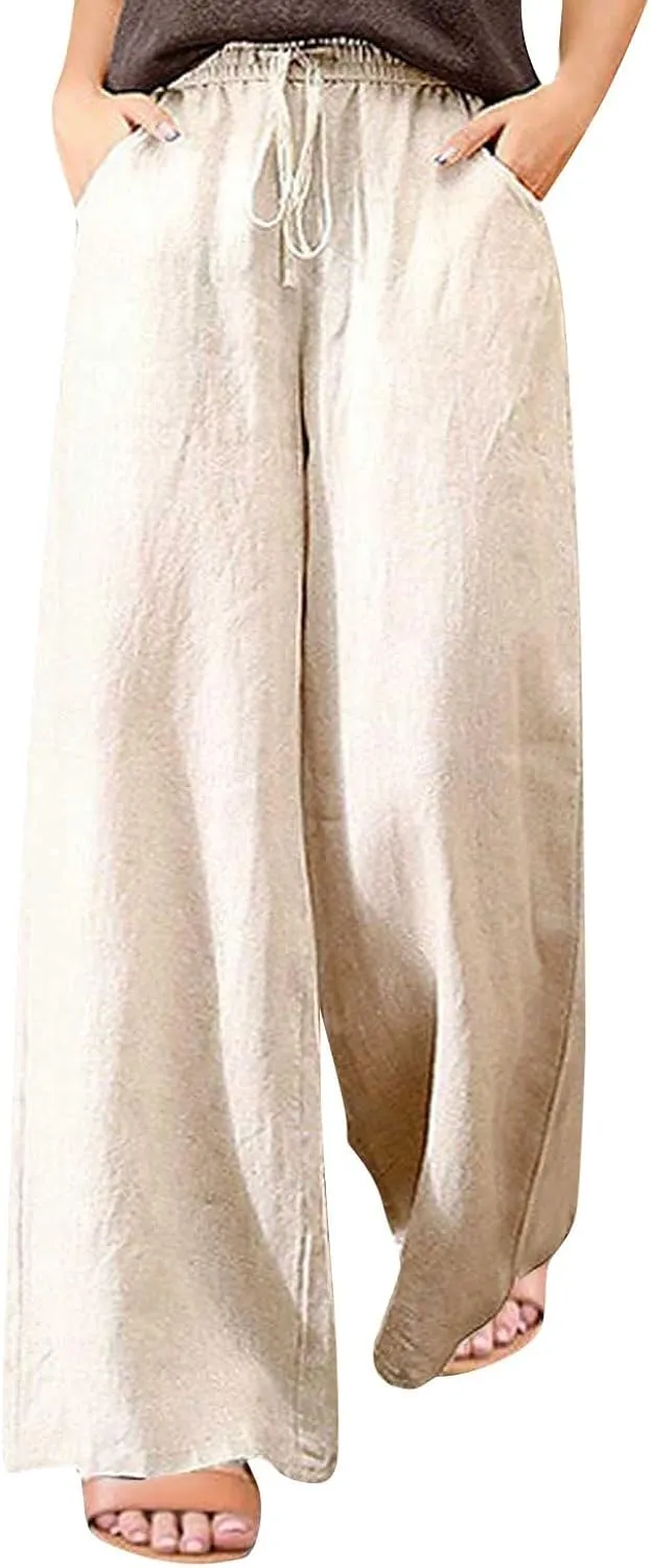 GOFULY Pants for Women 2025 Straight Wide Leg High Waisted Sumemr Pants Elastic Waist Drawstring Beach Trousers with Pockets