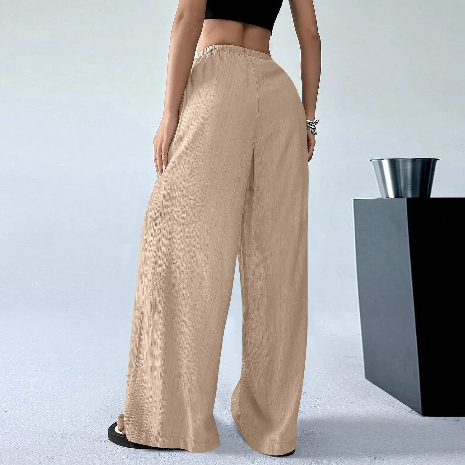 GOFULY Pants for Women 2025 Straight Wide Leg High Waisted Sumemr Pants Elastic Waist Drawstring Beach Trousers with Pockets