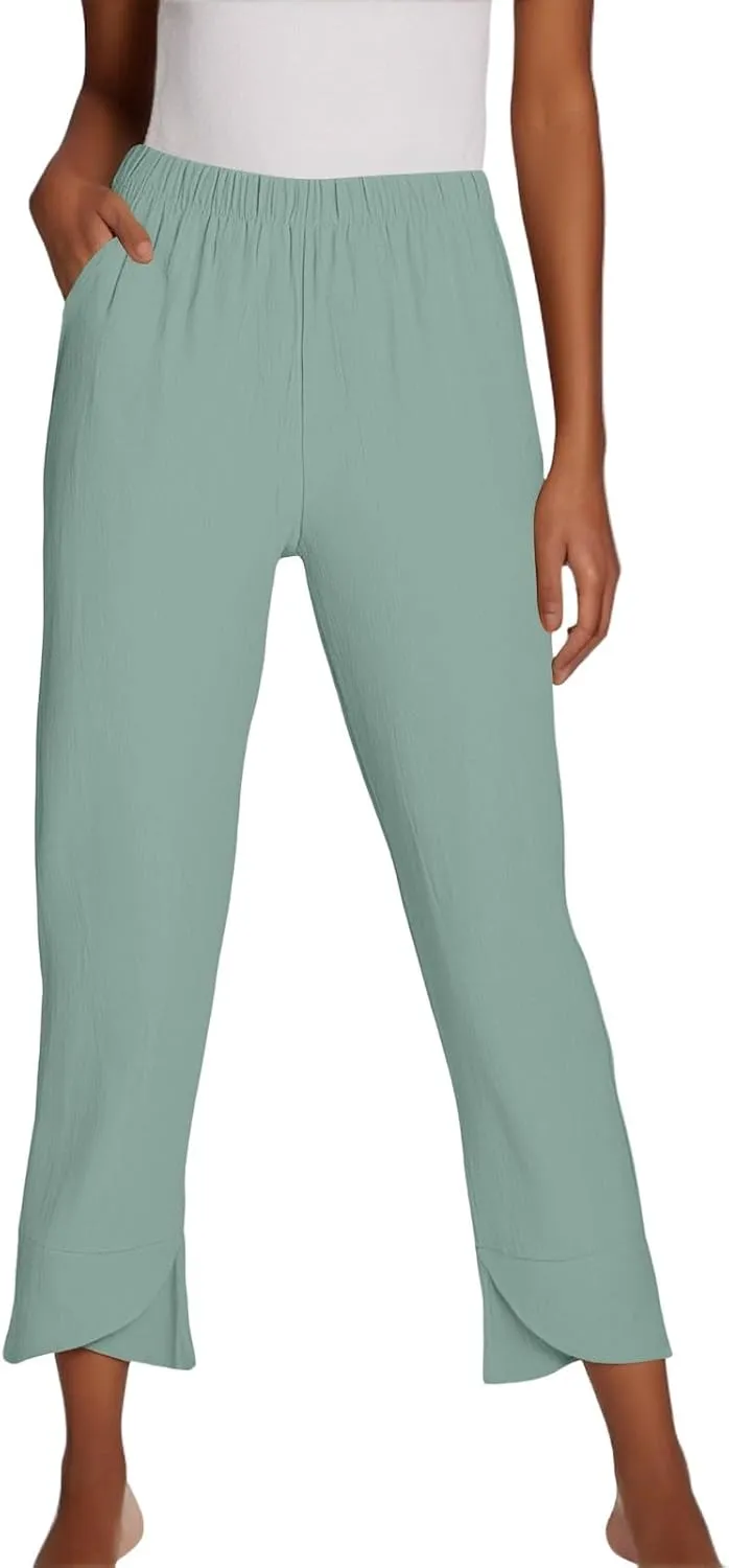 GOFULY Pants for Women 2025 Straight Wide Leg High Waisted Summer Pants 2025 Elastic Waist Vacation Trousers with Pockets