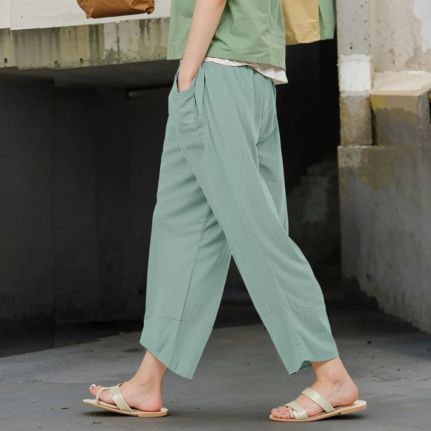 GOFULY Pants for Women 2025 Straight Wide Leg High Waisted Summer Pants 2025 Elastic Waist Vacation Trousers with Pockets